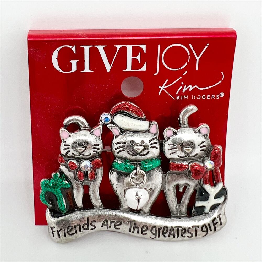 🔥 NEW Kim Rogers Give Joy Silver Tone Cat Friends Christmas Brooch Pin